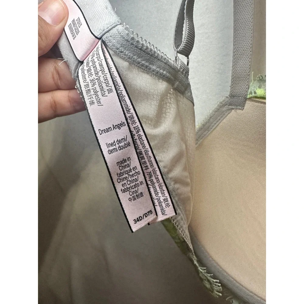 Victorias Secret Dream Angels Lined Demi Bra Grey Lime Green Floral Lace 34D - Picture 7 of 7